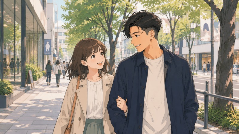 表参道の並木道を恋人と腕を組んで歩く男性。結婚を意識する相手との散歩デートで、穏やかな時間を過ごす転職前の心境を描いたシーン。