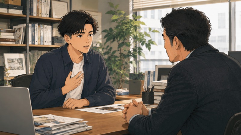 小規模な広告制作会社のオフィスで、男性が社長に向き合い、転職したい意思を正直に伝えているシーン。結婚や将来の生活を考え、信頼関係のある上司へ誠実に相談する転職活動の場面。