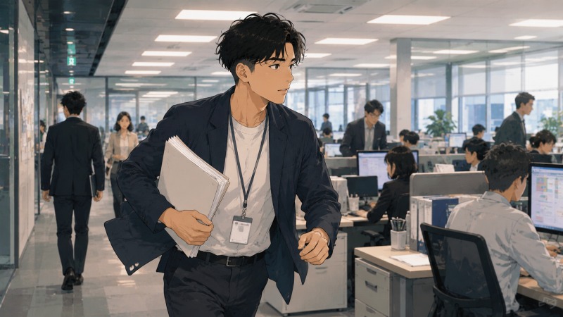 100名規模を超えるIT企業のオフィスフロアを、Webディレクターとして働く男性が書類を抱えて早足で移動するシーン。未経験で転職した新しい職場で、ドライな雰囲気や大企業ならではのスピード感に戸惑いながらも業務に向き合っている場面。