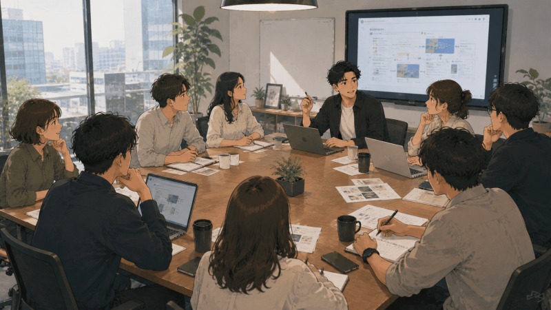 IT企業の会議室で、8名の社員が大きなテーブルを囲みながら勉強会に参加しているシーン。Webディレクターとして転職した男性が、知的好奇心と向上心の高い同僚たちと共に学び、刺激を受けている職場風景。
