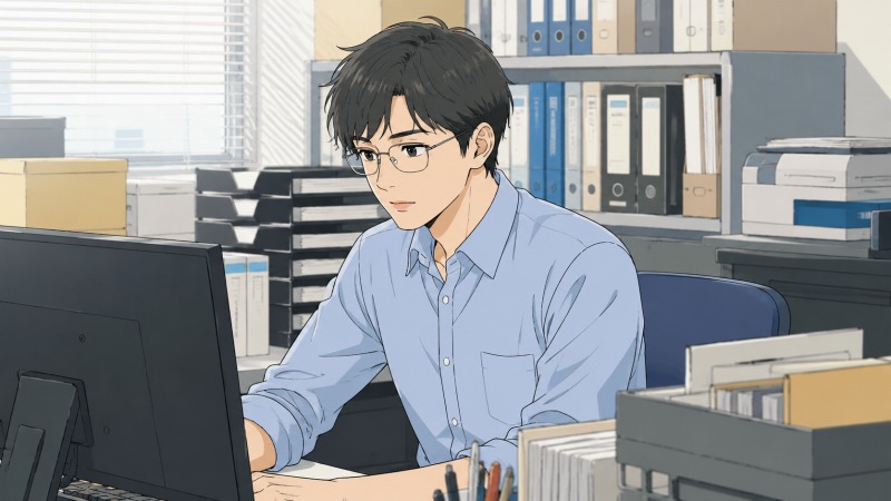 精密機器メーカーの営業事務として働く20代男性が、オフィスで受注管理や書類作成に集中している様子。パソコンや書類ファイルが並ぶ職場で、毎日の残業に追われながらも真面目に業務へ向き合う転職前のシーン。