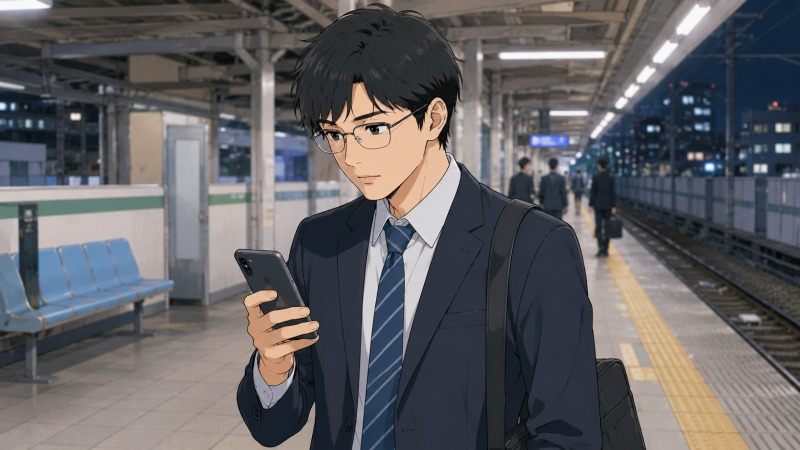 リクルートスーツ姿の20代男性が、夜の駅ホームでスマートフォンを見ながら転職活動のメールを確認している様子。仕事帰りの疲れを抱えながらも、転職サイトや企業からの連絡をチェックし、新しい職場を探していた転職活動中のワンシーン。