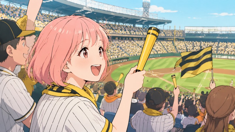 阪神戦の野球観戦を楽しむ30代女性ファンが、満員のスタジアムで応援バットを手に笑顔で声援を送っている様子。黄色と黒の応援カラーに包まれた観客席と青空の球場が広がり、仕事の悩みを忘れて趣味の時間を満喫している開放感や前向きな気持ちが伝わるシーン。