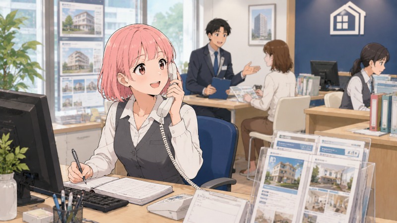 不動産会社の事務職として、接客や電話対応を笑顔でこなす女性の様子。明るい店舗オフィスで物件資料や顧客対応に囲まれ、新しい職場に前向きに馴染んでいく転職後のシーン。
