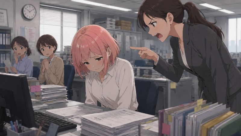 事務職の女性社員がオフィスで上司から厳しく叱責され、うつむいて落ち込んでいる様子。書類が積まれたデスクの前で、怒る上司と心配そうに見守る同僚たちの姿があり、リストラや退職勧告につながる重苦しい職場環境と精神的な追い詰められた状況を描いたシーン。