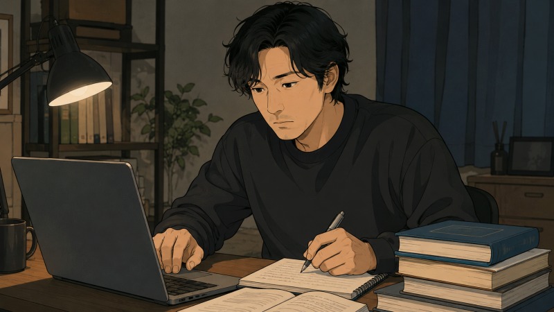 未経験から正社員を目指す30代男性が、夜の自室でノートと参考書を広げ、パソコンを使ってIT資格の勉強に打ち込んでいる様子。派遣社員からの転職を目指し、将来への不安を抱えながらも資格取得に挑戦する静かな努力の場面。