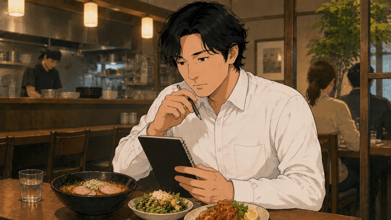 未経験から飲食業への転職を考える30代男性が、気になる飲食店を実際に訪れ、店内の雰囲気や接客を確認しながら食事をしている様子。転職先選びのために食べ歩きを重ね、自分に合う職場を真剣に見極めようとしている場面。