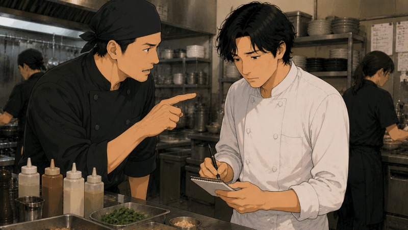 飲食店の厨房で、未経験から転職した30代男性が上司から厳しく注意を受けながら、小さなメモ帳に必死で内容を書き留めている様子。緊張した表情で視線を落とし、「気が回っていない」と指摘されながらも仕事を覚えようとする新人調理スタッフの場面。