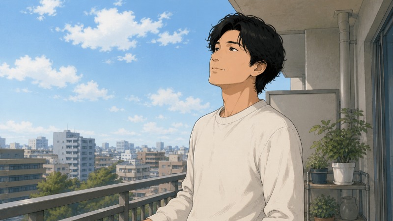 休日の昼間、マンションのベランダに出た30代男性が、晴れた空を静かに見上げながら少しだけ笑みを浮かべている様子。転職や仕事の悩みを抱えながらも、束の間の休息の中で気持ちを整え、自分自身と向き合っている穏やかな場面。
