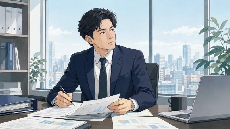 ITベンチャー企業の経営企画ポジションに就いた50代男性が、都市を望むオフィスで事業資料やグラフを確認しながら新たな職場環境に向き合っている様子。成長フェーズの企業で経営戦略や組織整備に取り組む転職後のワンシーンを描いたイラスト。