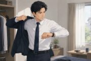 転職活動中の50代男性が、自宅で腕時計を確認しながらスーツに袖を通し、これから面接へ向かう準備をしている場面。緊張感と焦りを抱えつつ、新しいキャリアへの挑戦に向かう朝のワンシーンを描いたイラスト。