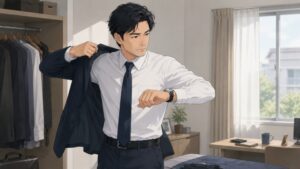 転職活動中の50代男性が、自宅で腕時計を確認しながらスーツに袖を通し、これから面接へ向かう準備をしている場面。緊張感と焦りを抱えつつ、新しいキャリアへの挑戦に向かう朝のワンシーンを描いたイラスト。