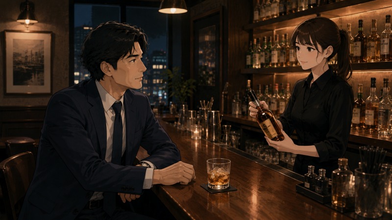 仕事帰りの男性が夜のバーにひとりで立ち寄り、女性バーテンダーにウイスキーを注文している場面。転職後の疲れや孤独感を抱えながら、静かな時間で気持ちを整える様子を描いたイラスト。