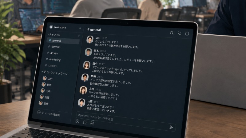 ITベンチャー企業のオフィスで、ノートPCのチャット画面を中心に、社員同士が業務連絡をすべてテキストベースで行っている様子を描いた場面。直接会話をせず、チャットツールを通じてプロジェクト進行や確認作業を進める、エンジニア中心の職場文化が伝わるイラスト。
