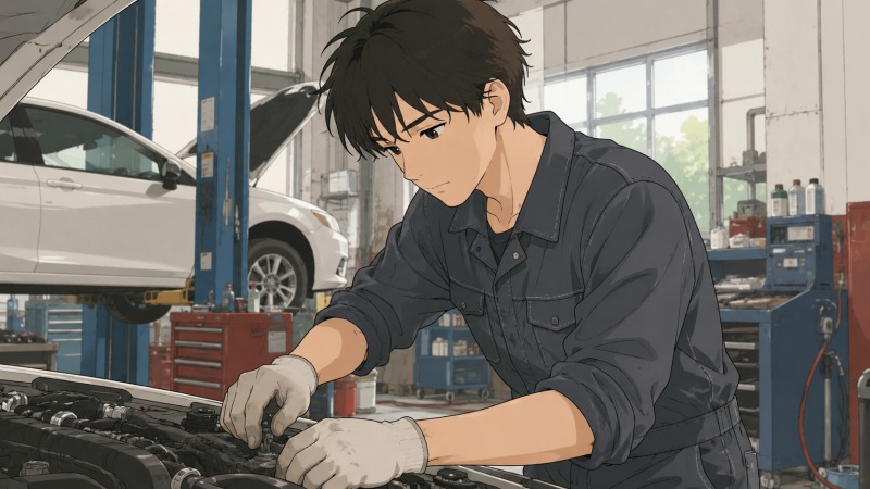 自動車整備工場で若い男性整備士が白い車のエンジンルームを真剣な表情で点検・修理している様子。青いリフトや工具が並ぶ整備場の中で、つなぎ姿の整備士が丁寧に作業へ向き合っており、20代で自動車整備士として経験を積んでいた頃の仕事への誇りや集中力が伝わる転職体験談のワンシーン。