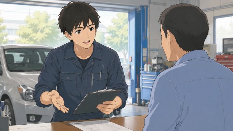 自動車整備工場の受付で、若い男性整備士が車検依頼に来たお客様へ笑顔で説明している様子。車や工具が見える明るい整備場で、接客と整備の両方に向き合う自動車整備士のやりがいが伝わる転職体験談のワンシーン。