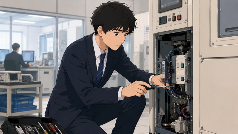 顧客先の現場で、スーツ姿の若い男性フィールドサービスエンジニアが制御盤を開けて機器の修理・メンテナンスを行っている様子。未経験から異業種転職し、トラブル対応のため現場に駆けつけて真剣に作業する技術職のワンシーン。