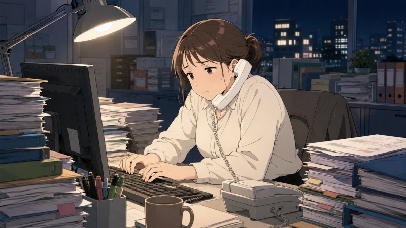 深夜10時を過ぎた広告会社のオフィスで、営業事務の女性が大量の書類と電話対応に追われながらパソコン作業を続けている様子。ディスプレイ広告制作の進行管理や指示書作成に忙殺され、長時間残業による疲労感がにじむ転職前の職場環境を描いたシーン。