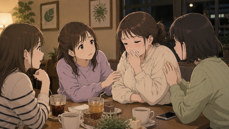 大学時代の友人たちと夜に集まり仕事の悩みを話す中で、広告会社の激務や長時間残業のつらさがこみ上げ、涙が止まらなくなった女性を友人たちが心配そうに介抱している転職のきっかけのシーン。