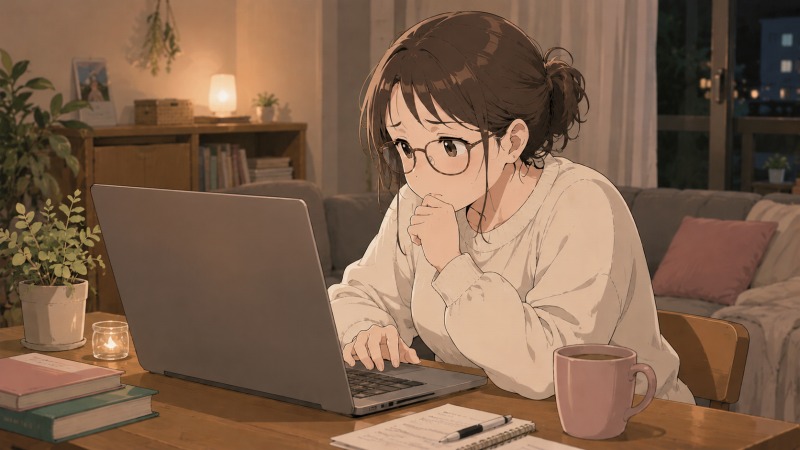 自宅のリビングで眼鏡をかけた女性がノートパソコンを使い、残業が少ない事務職の求人を真剣に探している転職活動中のシーン。