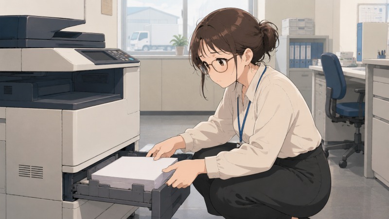 地元の物流会社のオフィスで、一般事務として働く女性が複合機のコピー用紙を補充しているシーン。細かな業務ルールが整った職場で、真剣な表情で作業を行う転職後の日常風景。