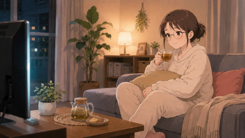 転職後に残業が減った女性が、夜の自宅リビングでソファにゆったり座り、ハーブティーを飲みながらテレビを楽しんでいるシーン。リラックスした表情と自然な姿勢から、仕事と私生活のバランスを取り戻し、穏やかな休息時間を満喫している様子が伝わる。