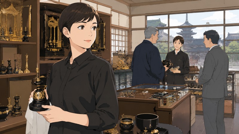 京都の仏具専門店で働く若い女性販売スタッフが、金箔や漆塗りの仏具を丁寧に扱いながら接客している様子。店内には寺院関係者や仏壇店の来客が訪れ、伝統文化と地域に根ざした仕事の空気感が広がっている。京都ならではの仏具業界で販売事務として経験を積む転職前のキャリアシーン。
