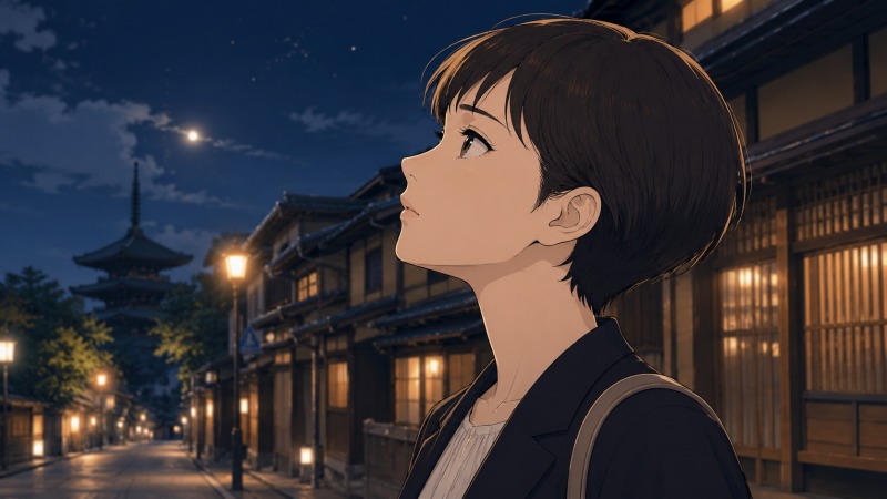仕事帰りの京都の夜道を、ベリーショートの女性が無表情のまま空を見上げて歩いている様子。石畳の通りと町家の灯りが静かに続き、仕事の失敗や人間関係の悩みから感情を押し込め、「泣けない」状態になった心情を表現した転職前のシーン。