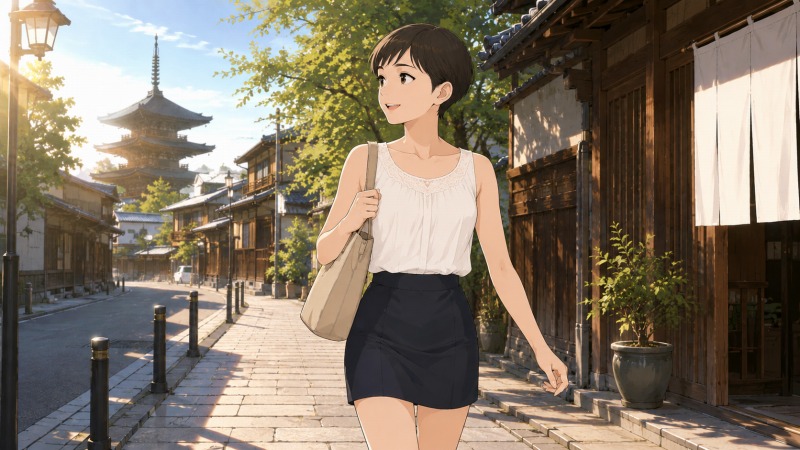 朝の京都の町並みを、ベリーショートの女性がフェミニンなタンクトップとミニスカート姿で明るく歩いている様子。石畳の道や木造建築、五重塔が見える京都らしい風景の中で、新しい仕事への前向きな気持ちと軽やかな日常を表現したシーン。