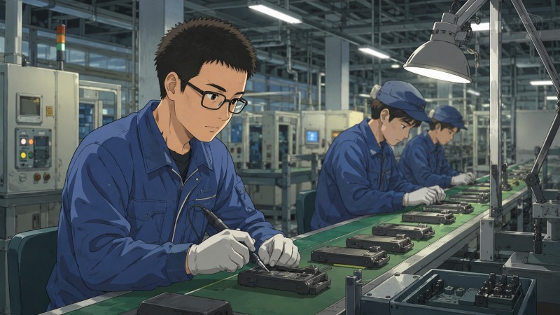 夜勤の電子部品工場で、若い男性社員がゲーム機用充電パックの製造ライン作業に集中している様子。青い作業着と手袋を着用し、蛍光灯が並ぶ広い工場内で黙々と組立作業を続ける姿から、製造業の単調さや新卒時代の閉塞感が伝わるシーン。