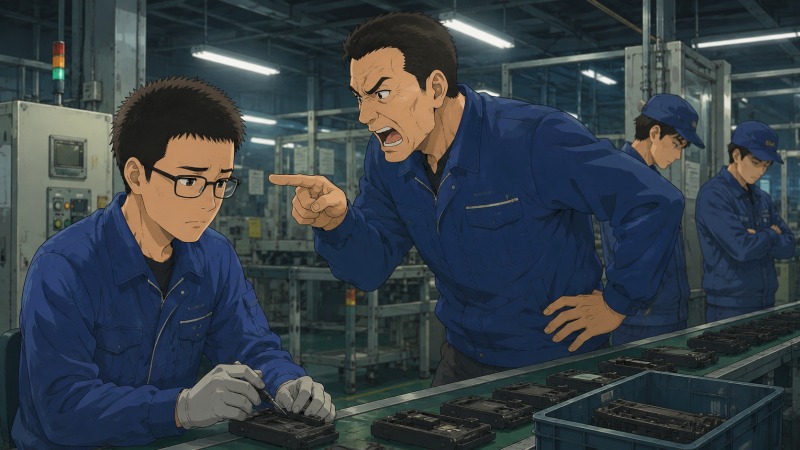 電子部品工場の製造ラインで、若い男性社員が怒鳴る上司から厳しく責められ、周囲の同僚が見て見ぬふりをしている場面。職場の人間関係の悪化、パワハラ、転職を考えるきっかけとなった精神的負担が伝わるイラスト。