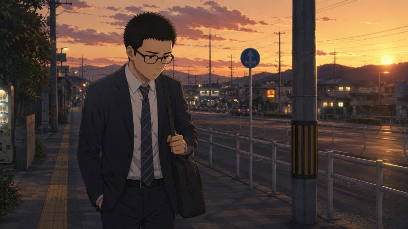 夕暮れの福島の街を、スーツ姿の若い男性が面接帰りに一人で歩いている場面。沈んだ表情で肩を落としながらも前を向き、地方での転職活動の厳しさや将来への不安を抱える様子が描かれている。