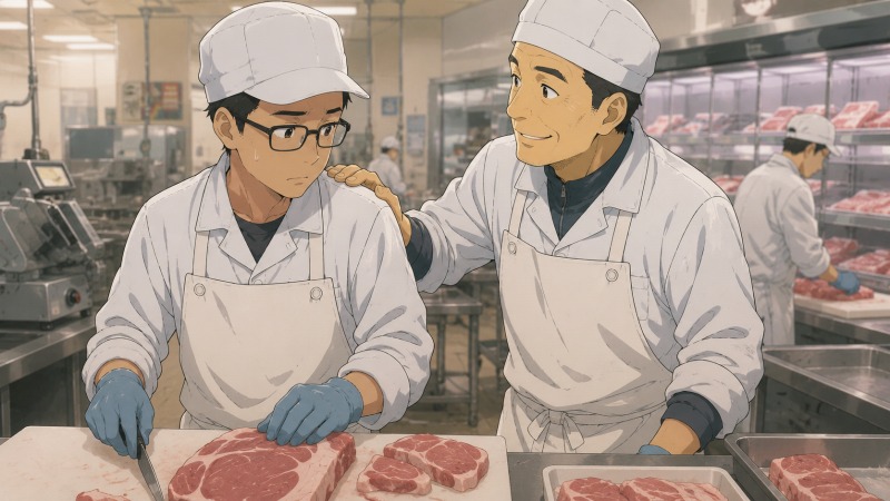 スーパーマーケットの精肉部門で、ミスをして緊張する若い男性社員に、上司が肩へ優しく手を置きながら励ましている場面。豚肉や牛肉の加工現場を背景に、未経験転職後の不安と、温かい職場環境・良好な人間関係による安心感が伝わるイラスト。
