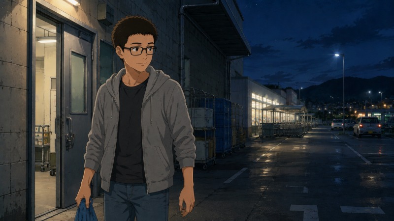 夜のスーパーマーケットの裏口から、仕事終わりの若い男性が私服姿で帰宅する場面。疲労感をにじませながらも穏やかで満足そうな表情を浮かべており、転職後に見つけた働きがいや良好な職場環境による充実感が伝わるイラスト。