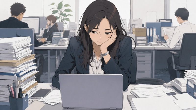 商社の営業職として働く20代女性が、書類やパソコンに囲まれたオフィスで暗い表情を浮かべながら仕事をしている様子。忙しい職場の空気感と、転職前の強いストレスや将来への不安を感じさせるシーン。