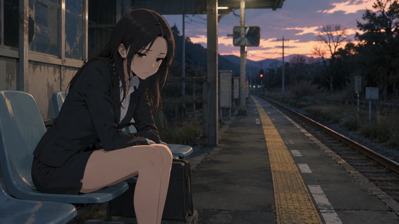夕暮れ時の田舎の無人駅で、リクルートスーツ姿の20代女性がベンチに座り、不機嫌そうな表情で電車を待っているシーン。人気のないホームと薄暗い空が、営業職として地方出張を繰り返していた頃の疲労感や孤独、不安定な心情を印象的に表現している。
