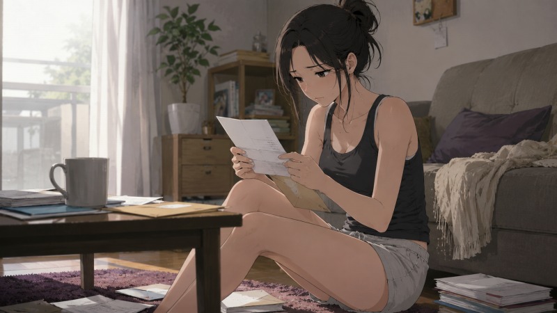 転職活動中の20代女性が、自宅のリビングで企業から届いた不採用通知の手紙を静かに読んでいるシーン。床には応募書類や封筒が散らばり、タンクトップ姿で髪をまとめた彼女の沈んだ表情から、転職活動の不安や自信喪失、孤独感が伝わる情景。