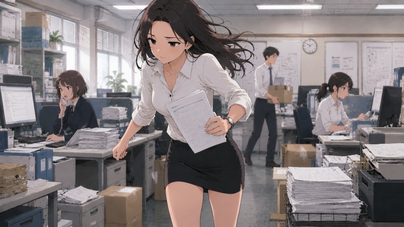 転職後の商社の事務職で、20代女性が大量の書類を抱えながら忙しいオフィス内を駆け回っているシーン。電話対応や出荷手配に追われる社員たち、積み上がった書類や段ボールが並ぶ職場から、残業続きの多忙な業務環境と緊張感が伝わる情景。