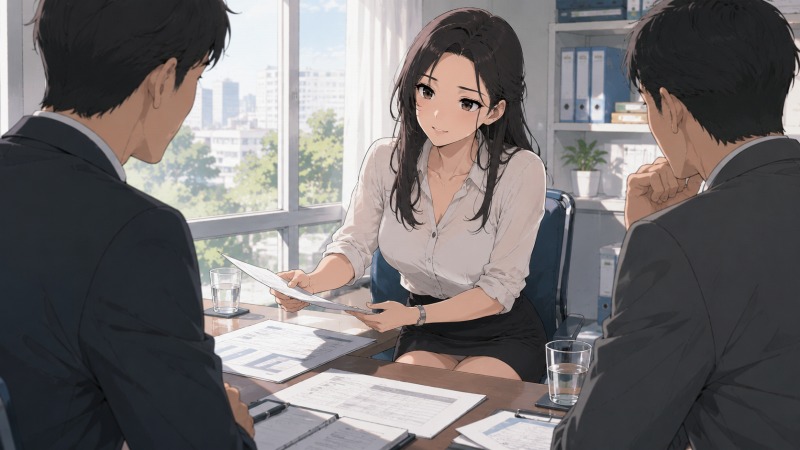 商談中の会議室で、20代女性が取引先に資料を渡しながら柔らかな笑顔を見せているシーン。営業対応をこなし、前職で培った営業経験を活かして顧客対応に取り組む様子が描かれている。