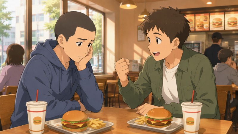 昼のハンバーガーショップで、転職活動に悩む20代男性が友人から前向きに励まされている場面。明るい日差しの店内で、友人の言葉に支えられながら再び転職活動へ向き合おうとする心情を描いている。