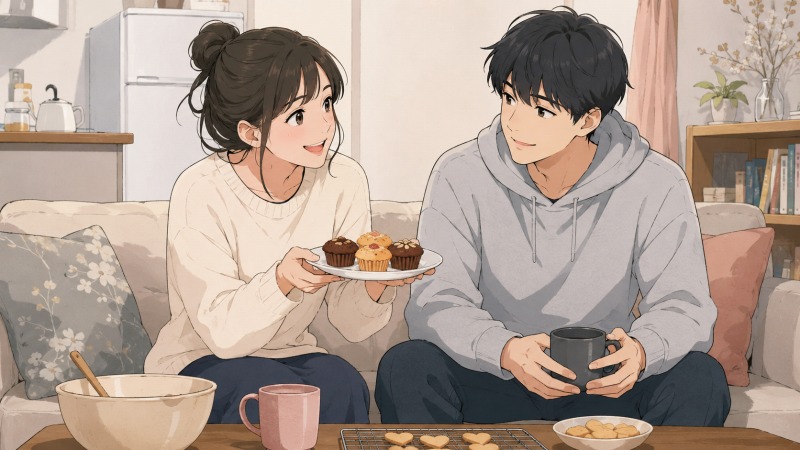 休日のアパートで、看護師として働く女性が手作りのお菓子を恋人に振る舞いながら穏やかな時間を過ごしている様子。仕事のストレスを抱えながらも、「彼がいるから頑張れる」と感じていた転職前の日常を描いた、温かく安心感のあるシーン。