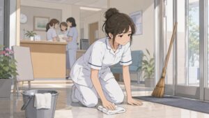 眼科クリニックの玄関で、看護師の女性が本来の医療業務から外され、床掃除などの雑用をしている様子。受付奥で同僚たちが話す中、孤立感と職場いじめによるストレスを抱える転職前の場面。