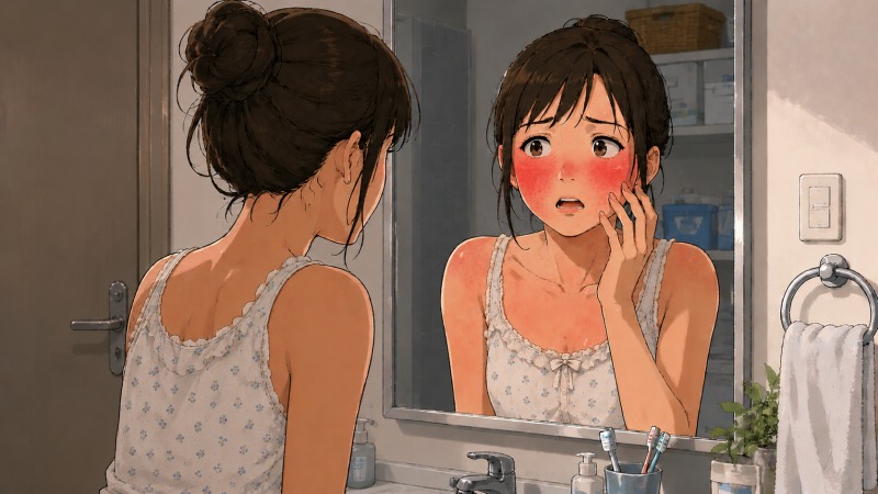 朝、看護師の女性が自宅の洗面台で鏡を見て、右顔面に出たひどい蕁麻疹と腫れに驚き立ちすくむ場面。職場ストレスが身体症状として現れ、退職を考える転機となった瞬間。