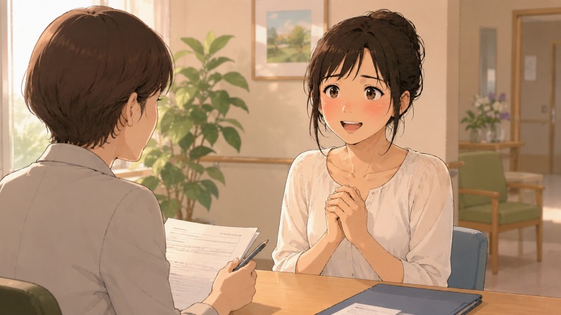 ターミナルケアの福祉施設の面接で、看護師の女性が採用担当者と向かい合いながら希望に満ちた表情を浮かべている場面。職場いじめで心身を傷めた後、新たな福祉施設で採用が決まり、再出発への安心感と前向きな気持ちが表れているシーン。