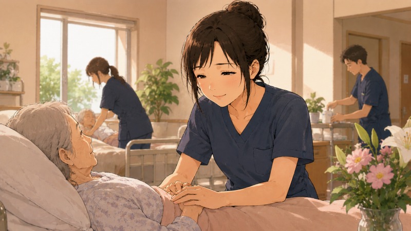ターミナルケアの福祉施設で、看護師の女性が高齢の利用者に寄り添い、手を取りながら穏やかに声をかけている場面。転職後に医療職として尊重され、やりがいを持って働く姿を描いたシーン。