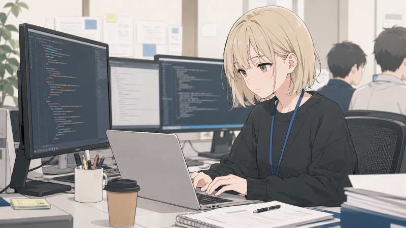 IT企業でSEとして働く20代後半の女性が、オフィスで複数のモニターに表示されたプログラムコードを確認しながらノートPCで開発作業を行っている様子。システム保守と新規開発に携わる日々の集中感と、ITエンジニアとして成長していく空気感が伝わるシーン。