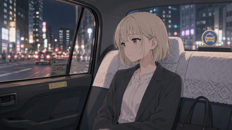 長時間残業で終電を逃した女性SEが、深夜のタクシー後部座席で夜の街を眺めながら疲れた表情を浮かべている様子。過重労働やワークライフバランスの悩み、転職を考えるきっかけとなった心身の疲労が伝わるシーン。