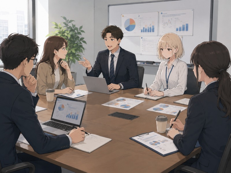 営業事務へ転職した女性が、大きな会議テーブルを囲む5人の営業会議に参加している様子。周囲の社員たちが活発に議論を交わす中、主人公は少し緊張した表情でメモを取りながら話を聞いており、未経験の事務職に戸惑いながらも必死に学ぼうとしているシーン。