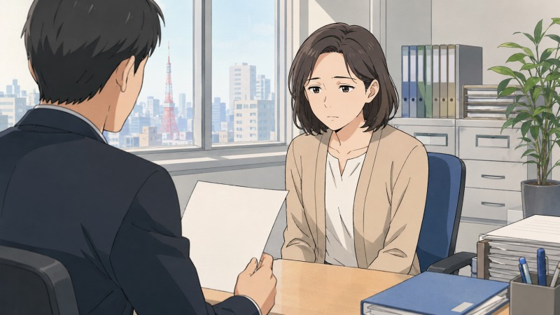 東京の旅行会社で契約社員として働く40代女性が、総務部の上司からリストラを告げられる場面。都内オフィスの会議スペースで、書類を手にした男性上司と向き合い、不安と戸惑いを浮かべる女性の姿が描かれている。契約社員の雇用不安やリストラ通告の緊張感が伝わる転職体験シーン。
