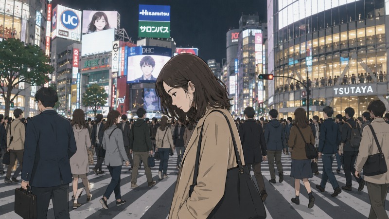夜の渋谷スクランブル交差点で、多くの人が行き交う中、契約社員としてリストラを受けた40代女性がうつむきながら歩いている場面。ネオンに照らされた東京の街で、不安や孤独を抱えながら転職について悩む心情を描いたワンシーン。